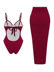 Swim Oasis 2pcs/Set Summer Vacation Sexy Underwire Backless Spaghetti Strap Women's One-Piece Swimsuit & Square Scarf Long Dress - Red - View 2