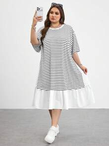 SHEIN CURVE+ 大尺碼女款夏季時尚休閒寬鬆舒適日常百搭黑白條紋拼接荷葉邊短袖中長洋裝，曲線可愛洋裝，極簡風格，歐美大尺碼荷葉邊洋裝，休閒女款旅行洋裝 - 白色 - 查看 6