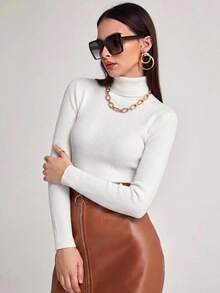 BizChic 女款素色高領修身長袖基本層搭毛衣，都市通勤商務休閒女款基本上衣，優雅外出上衣 - 白色 - 查看 5