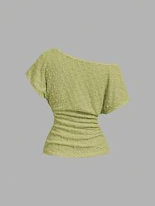 SHEIN MOD 女款純色抓皺不對稱肩休閒百搭日常外出T恤 - 綠色 - 查看 3