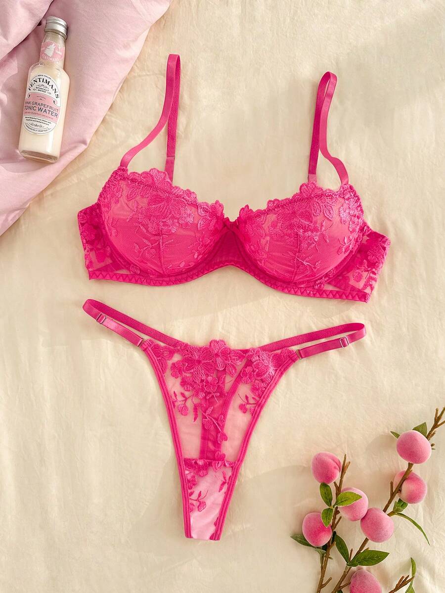 SHEIN 2pcs/Set Women's Mesh Embroidery Lingerie Set - Watermelon Pink - View 1