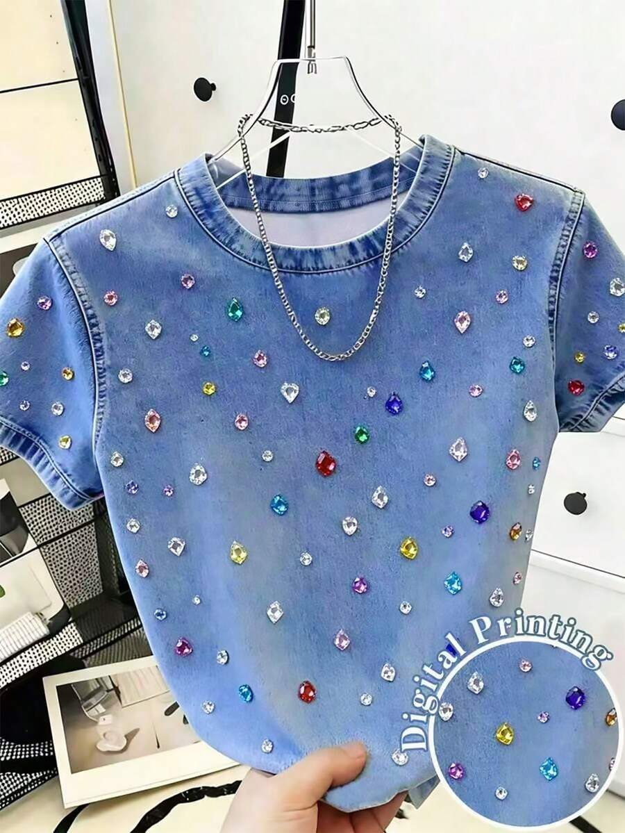 Girls' Casual Minimalist Retro Faux Denim Faux Diamond Pattern Print Crew Neck Short Sleeve T-Shirt, Suitable For Summer Daily Outings Summer Tops - Multicolor - View 1