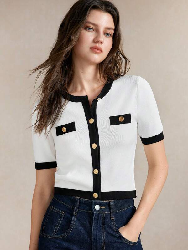 BizChic White Knit Cardigan With Contrast Trim, Metal Buttons, Front Opening, Faux Pocket Decoration, Elegant Minimalist Style, Suitable For Commute, Date, Daily, Vacation, Office, Independence Day, Graduation Season, Music Festival, Slimming, Versatile Summer