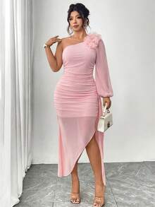 Elenzga Plus Size Women's Fashion Romantic Elegant One-Shoulder Bandeau Single Lantern Long Sleeve Ruched Asymmetrical Waist Ribbon Handmade 3D Floral Dress, Suitable For Daily Wear, Dating, Gathering, Party, Wedding - Pink - View 4