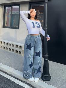 SHEIN ICON 大尺碼女款星星圖案口袋寬腿牛仔褲 - 淺色水洗藍 - 查看 7