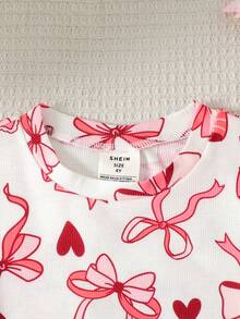 SHEIN Piyama Anak Perempuan Motif Kartun, Kerah Bulat Berkerut, Lengan Pendek, Celana Panjang, Lembut dan Ramah Kulit, Set 2 Potong, Potongan Slim Fit - Berwarna merah muda - View 4