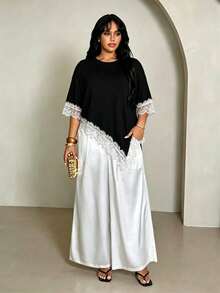 Rustia Plus Size Women's Lace Patchwork Asymmetrical Hem Round Neck T-Shirt - Black - View 5