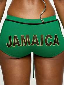 SUMWON WOMEN Jamaica Flag Shorts With Drawstring Back Print Booty Style Summer Festival Caribbean Pride - Green - View 8