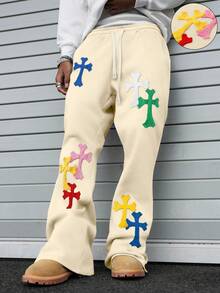 PAVTROS Men's Casual Loose Cross Embroidery Sweatpants - Apricot - View 1