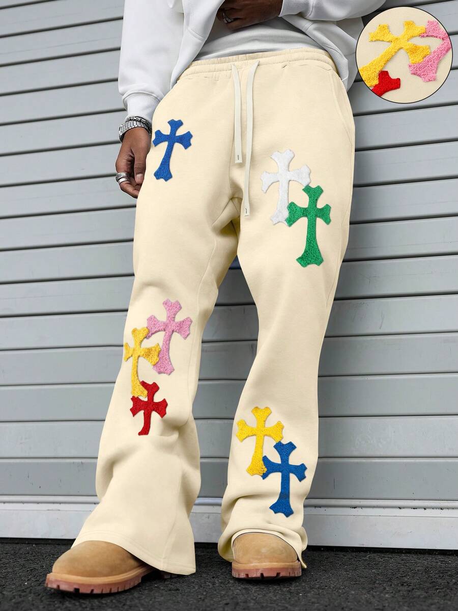 PAVTROS Men's Casual Loose Cross Embroidery Sweatpants - Apricot - View 1