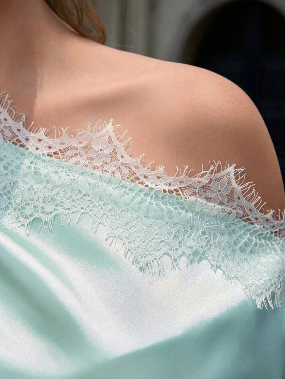 Plus Size Women's Summer Casual Elegant Vacation Green Satin Lace Patchwork One Shoulder Blouse Shirt Top,Formal Top,Business,Going Out Outfits