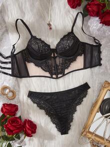 SHEIN 2 piezas Corsé con Decoración de Encaje Negro - Negro - Ver 1