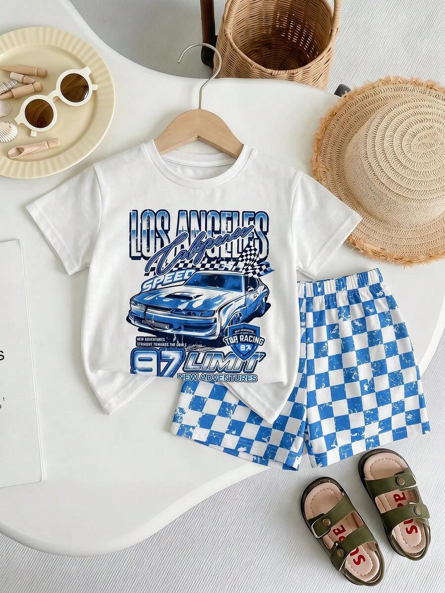 Young Boy Casual Simple T-Shirt Set, Classic Retro Racing Pattern Print, Handsome Retro Racing Checkered Flag Pattern Print, Suitable For Spring And Summer, Suitable For Sports - Multicolor - View 1