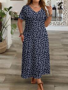 EMERY ROSE Women's Plus Size Casual Minimalist V-Neck Short Sleeve Dress Suitable For Summer - Navy Blue - View 5