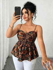 Elenzga 優雅女款細肩帶花卉印花上衣，適合海邊度假、約會、購物、日常休閒穿著，最佳夏季度假上衣 - 棕色 - 查看 4