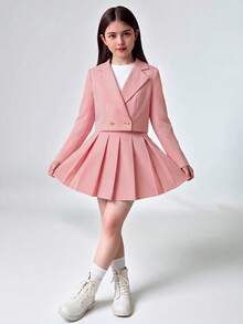 SHEIN Tween Girl Tween Girl Tween Girl Back To School Outfit, Fitted Pink Patchwork Long Sleeve Collared Vintage Preppy Exquisite Jacket Set, Casual Preppy Style - Pink - View 13