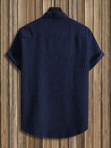 Manfinity Homme Men's Single-Breasted Patchwork Short Sleeve Solid Color Shirt - Navy Blue - View 3