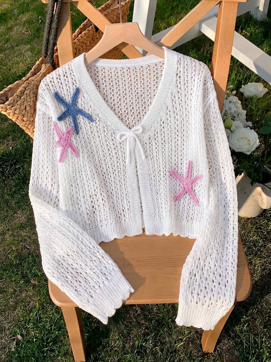 SHEIN Cardigan Rajut Berongga untuk Remaja Perempuan, Cocok untuk Acara Santai, Liburan Pantai, Kumpul-kumpul, dan Lainnya, Nyaman, Serbaguna, dan Lembut - Aprikot - View 1