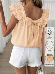 SHEIN LUNE Plus Size Women's White Flutter Sleeve Back Bow Decor Blouse Vacation Summer Boho Cute Fairycore Party - Multicolor - View 1