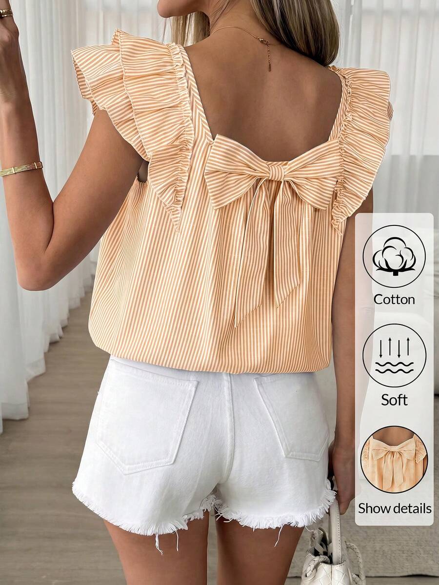 SHEIN LUNE Plus Size Women's White Flutter Sleeve Back Bow Decor Blouse Vacation Summer Boho Cute Fairycore Party - Multicolor - View 1