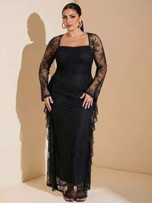 SHEIN BAE CURVE Plus Size Women's Contrast Lace Ruffle Elegant Dress Fall - Black - View 3