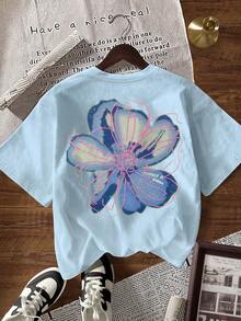 EMERY ROSE Women's Floral Print Casual Round Neck Short Sleeve T-Shirt - Baby Blue - View 6
