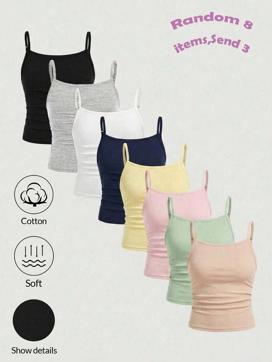 SHEIN Girlism Conjunto de 3 piezas de top camisola plisado de color liso casual para niña preadolescente, algodón, para la escuela, negro, gris, blanco, verano - Multicolor - Ver 1