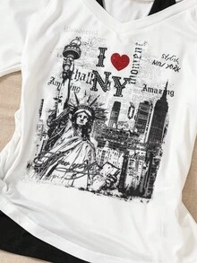 SHEIN 青少年女孩白色拼色V領T恤，附內搭背心層與NY圖案，不對稱下擺休閒夏季上衣套裝 - 彩色 - 查看 7
