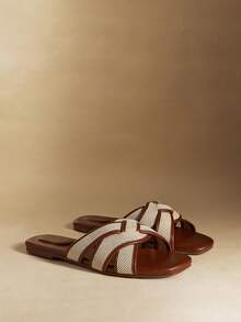 Rosivie 復古棕白拼接十字編織涼鞋，方頭平底防滑拖鞋，法式通勤度假百搭女鞋 - 咖色編織 - 查看 2