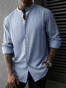 Manfinity Homme Men's Front Button Stand Collar Striped Print Long Sleeve Shirt - Blue - View 4