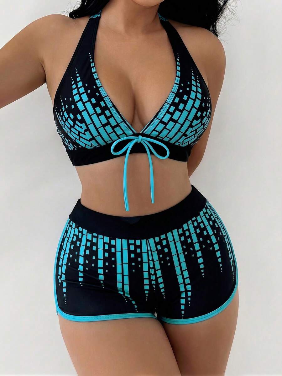 Swim Lushoire 女款夏季海灘幾何印花掛脖綁帶性感比基尼與短褲兩件式泳衣套裝 - 藍色 - 查看 1
