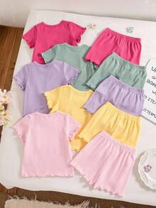SHEIN Playful Pals 10件/5套 0-3歲女嬰可愛粉色夏季套裝 花朵裝飾短袖上衣與短褲 舒適衣物 適合家庭穿搭戶外活動 - 彩色 - 查看 2