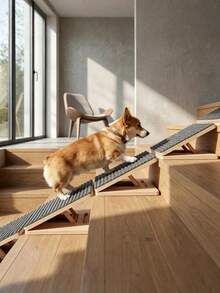 1 Piece Adjustable Solid Wood Dog Ramp Stair Wedge For Small And Senior Pets Foldable Indoor Pet Slope With Triangular Support Non Slip Carpet No Assembly Required Home Use Essential Must Have - Multicolor - View 7