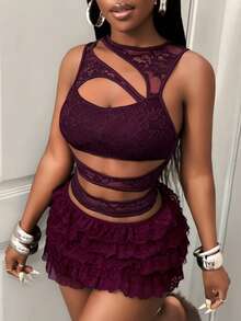 BamGleam Summer Sexy Hollow Out Lace Tank Top Club Night Burgundy - Burgundy - View 3