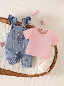 SHEIN Playful Pals 2件裝女嬰可愛草莓刺繡吊帶褲 柔軟棉質 藍色 夏季家庭套裝 - 淺粉色 - 查看 4