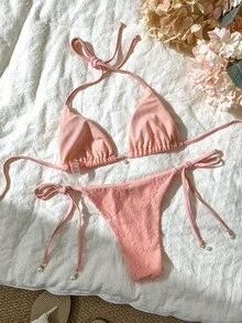 Swim Chiccia 女款夏季海灘花卉刺繡圖案掛脖綁帶性感比基尼三角泳褲兩件式泳衣套裝 - 粉色 - 查看 3
