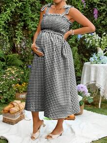 Lyckli Maternity Plaid Pattern Ruffle Pleated Bow Shoulder Strap Tank Dress Oktoberfest Breastfeeding Going Home Postpartum Summer Baby Shower Black - Black and White - View 4