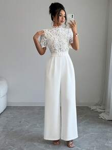 Elenzga 2026 Spring/Summer Elegant Outing & Date Multi-Occasion Small Stand Collar Lace Embroidered Patchwork Jumpsuit - White - View 5