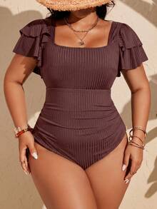 Swim Chiccia Exaggerated Ruffle Puff Sleeve Vacation Plus Size One-Piece Swimsuit - Red Violet - View 5