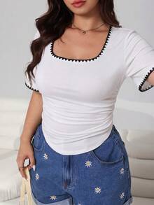Solflare Women's Plus Size Embroidered Trim Short T-Shirt - Black and White - View 7