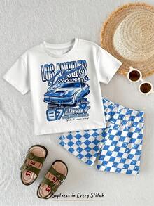 Young Boy Casual Simple T-Shirt Set, Classic Retro Racing Pattern Print, Handsome Retro Racing Checkered Flag Pattern Print, Suitable For Spring And Summer, Suitable For Sports - Multicolor - View 3