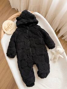 Newborn Baby Girl Autumn/Winter Cute 3D Ears Fuzzy Zipper Hooded Jumpsuit - Black - View 7