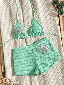SHEIN Swim 夏季多色綠色紋理布料海洋海星飾邊直筒褲掛脖繫帶女款沙灘兩件式泳衣套裝性感 - 薄荷綠 - 查看 6