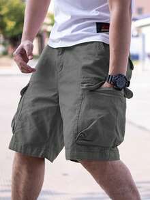Manfinity Homme Loose Fit Men's Cargo Shorts With Flap Pockets, Side Drawstring Waist - Dark Grey - View 4