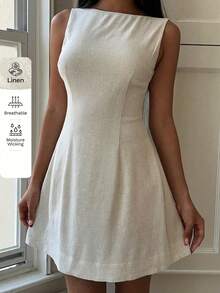 SHEIN EZwear 女式夏季休闲杏色编织露背无袖连衣裙 - 杏色 - 查看 1