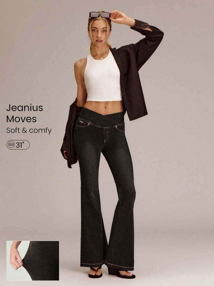 GLOWMODE Jeanius Moves Movin' And Groovin' 弹力透气提臀牛仔交叉腰喇叭腿口袋紧身牛仔裤日常休闲装 - 黑色 - 查看 1