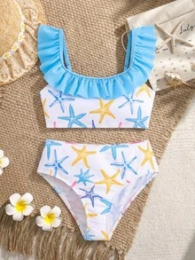 SHEIN Tween Girls Starfish Pattern Ruffle Trim Bikini Sets, Summer Beach Holiday - Multicolor - View 1