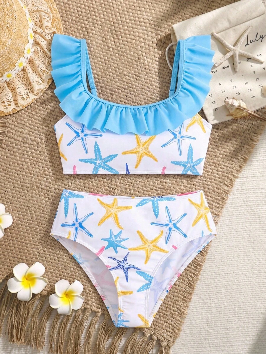 SHEIN Tween Girls Starfish Pattern Ruffle Trim Bikini Sets, Summer Beach Holiday - Multicolor - View 1