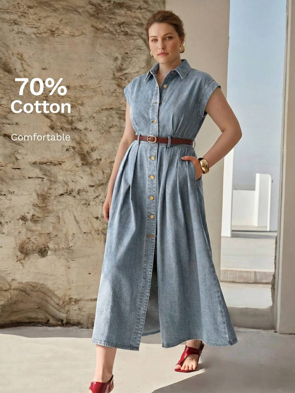 long sleeve denim midi dress Puff Button Down Belted Blue / S attribute:embellishments:Beads Step out in style Color:Silver Sage Empire Wedding Dresses –