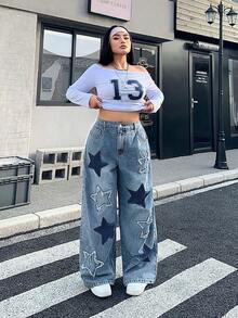 SHEIN ICON 大尺碼女款星星圖案口袋寬腿牛仔褲 - 淺色水洗藍 - 查看 4